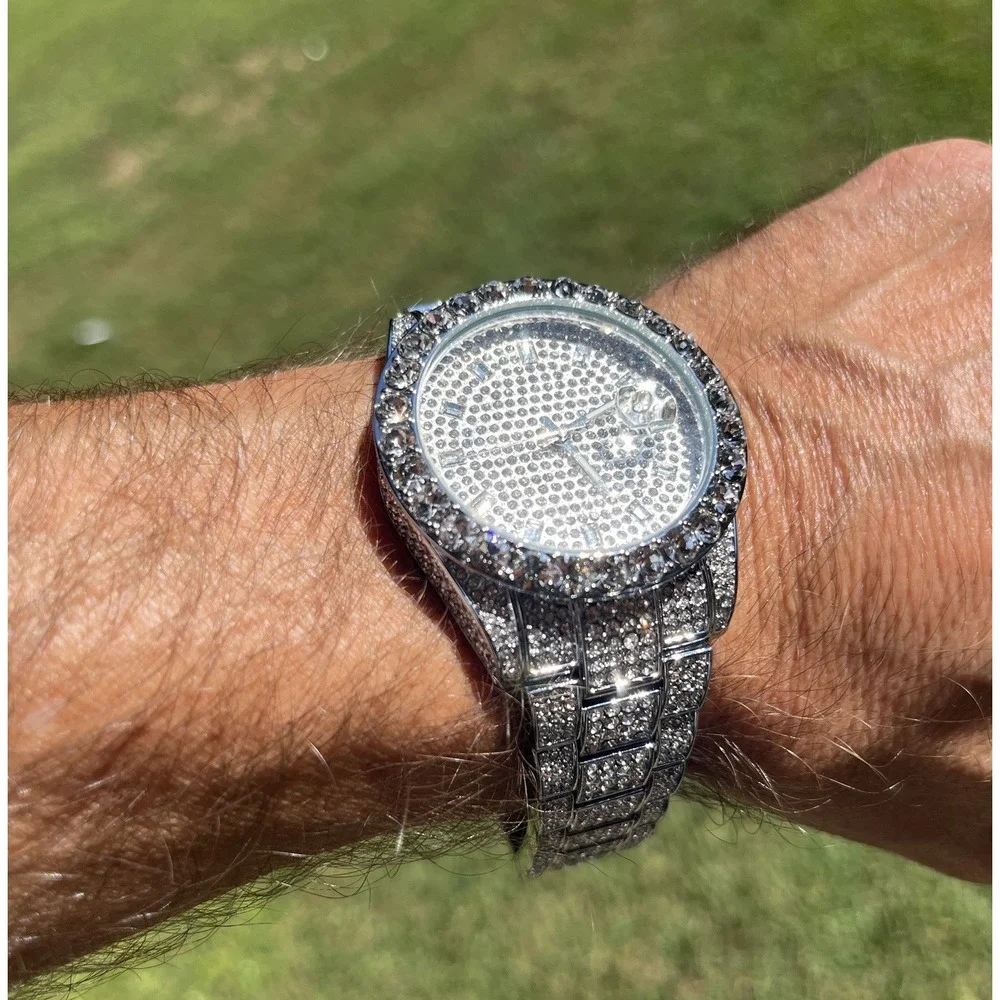 Moissanite Bussdown watch silver‎ tone stainless steel